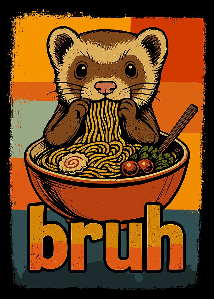 Bruh Ferret Ramen Poster, Cute Cartoon Animal Art Print, Kawaii Food Wall Decor