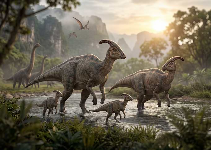 Parasaurolophus Family Crossing a River