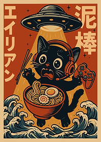Alien Abduction: Gaming Cat with Ramen