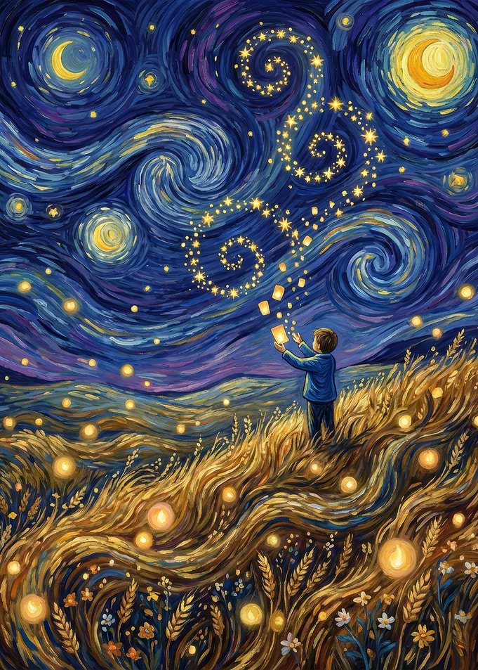 Boy releasing lanterns into starry night