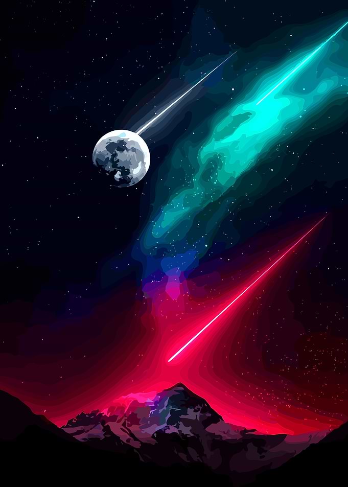 Cosmic Landscape with Moon and Meteors