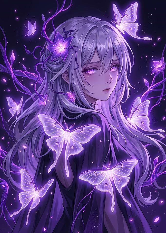 Anime Girl with Purple Butterflies