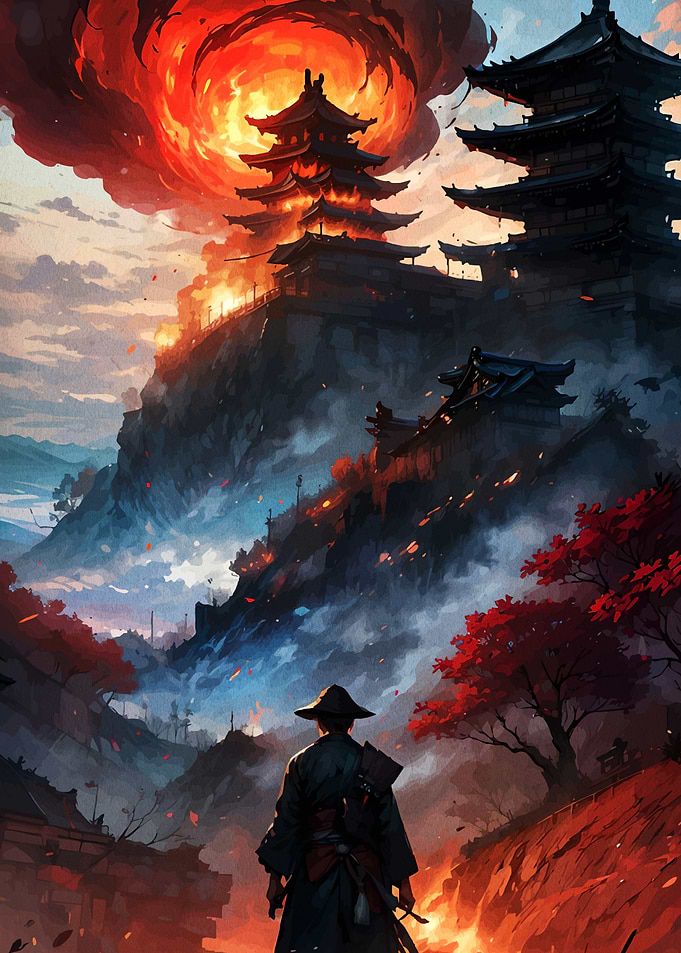 Japanese landscape with samurai and pagodas