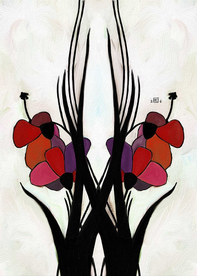 Symmetrical Floral Art with Black Stems
