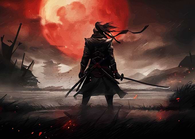 Samurai Warrior Under Red Moon