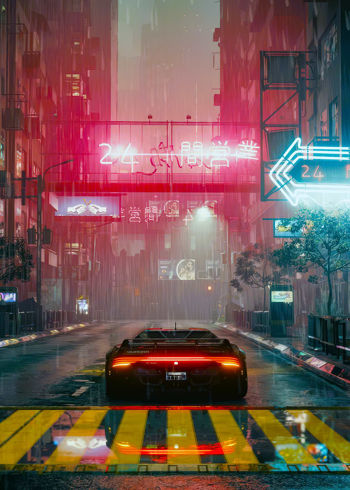 Cyberpunk Cityscape with Car in Rain