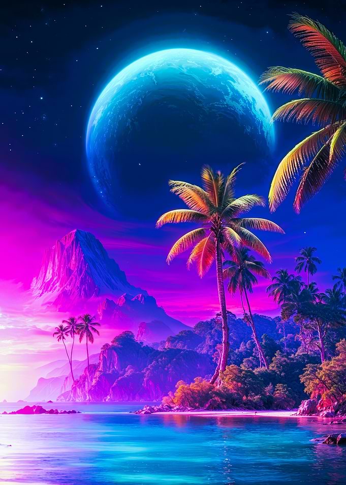 Tropical Island with Moon and Palms