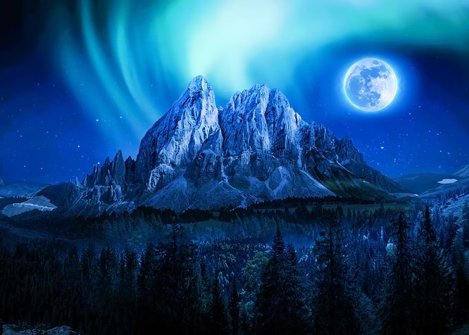 Mountain Night with Aurora and Moon