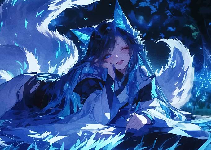 Anime Girl with Fox Ears and Tails