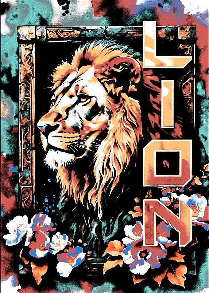 Lion Portrait with Floral and Text