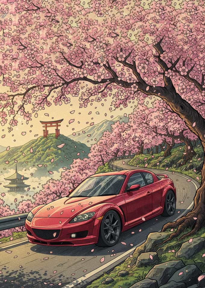 Red Car Under Cherry Blossom Trees