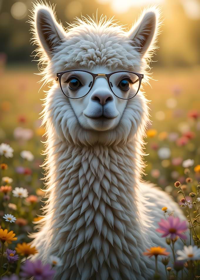 Alpaca with Glasses in Flower Field
