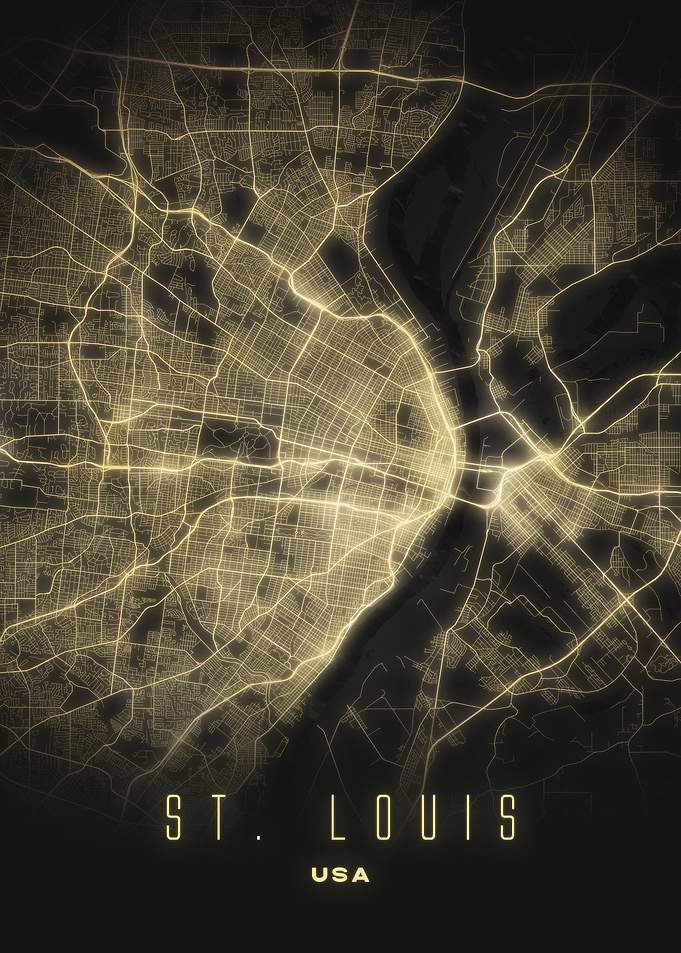 St. Louis, Missouri - Luminous Mississippi River City Streets, Map Poster USA