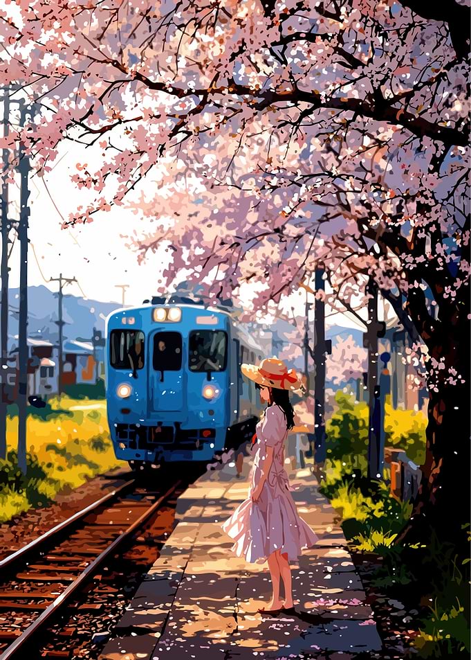 Anime Girl Waiting for Train, Cherry Blossoms