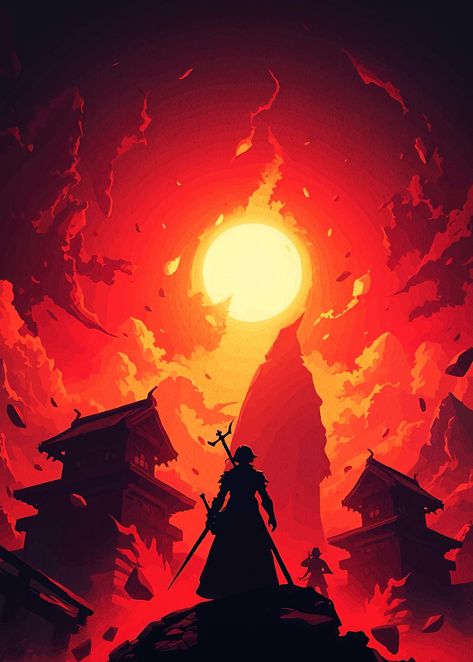 Samurai Silhouette in Fiery Landscape