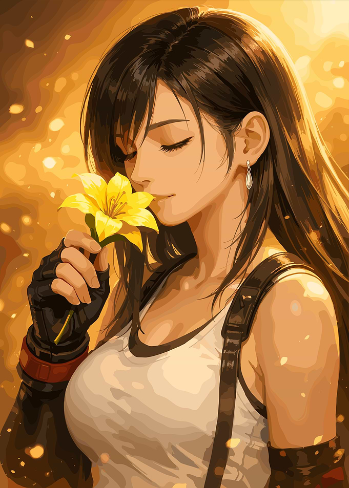 Tifa Lockhart smelling a yellow flower