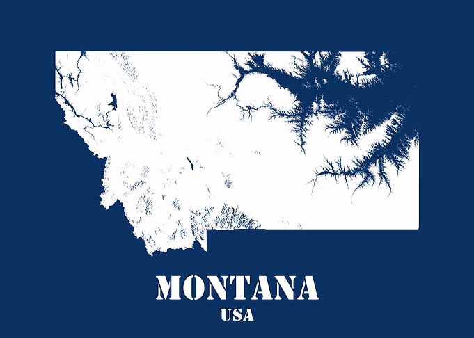 Montana USA State Minimalist White Topographic Contour Relief Map featuring terrain on navy blue background