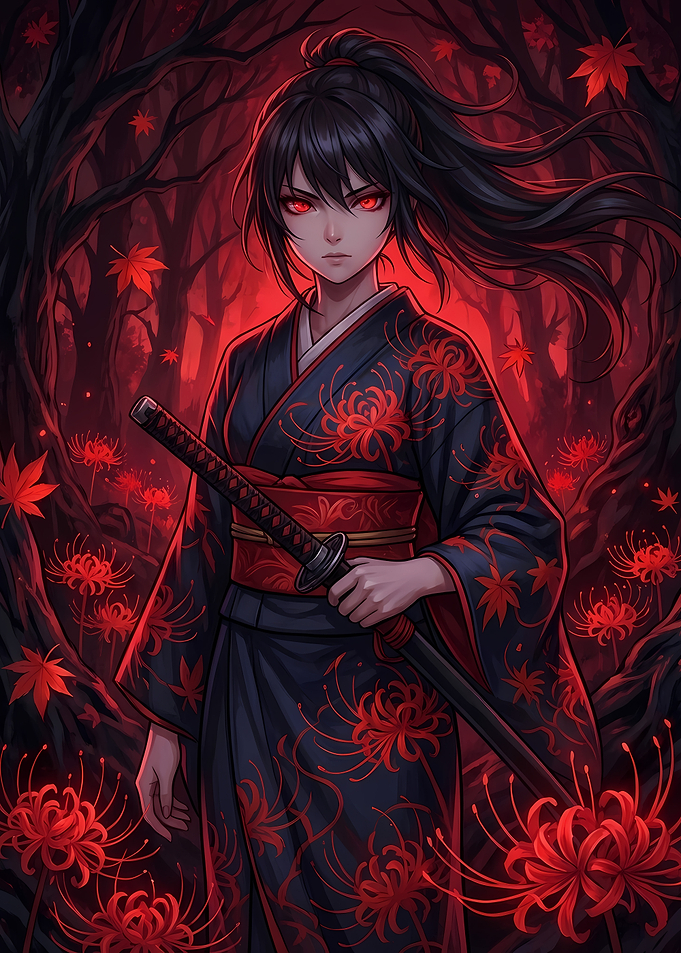 Anime Girl with Katana in Red Forest
