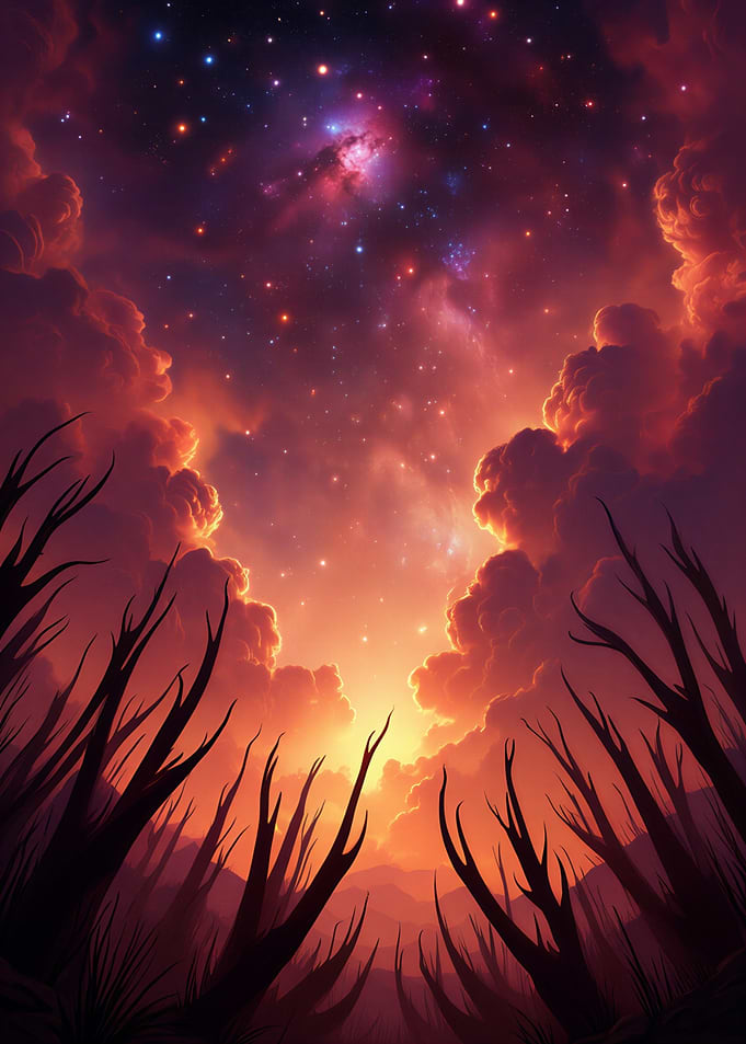 Cosmic Sky with Silhouetted Trees