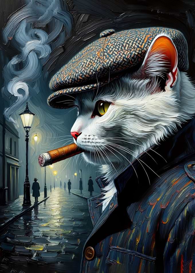 Gangster Cat with Cigar in Cityscape
