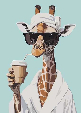 Giraffe in Robe Drinking Coffee