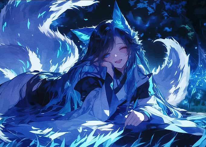 Anime Girl with Fox Ears and Tails