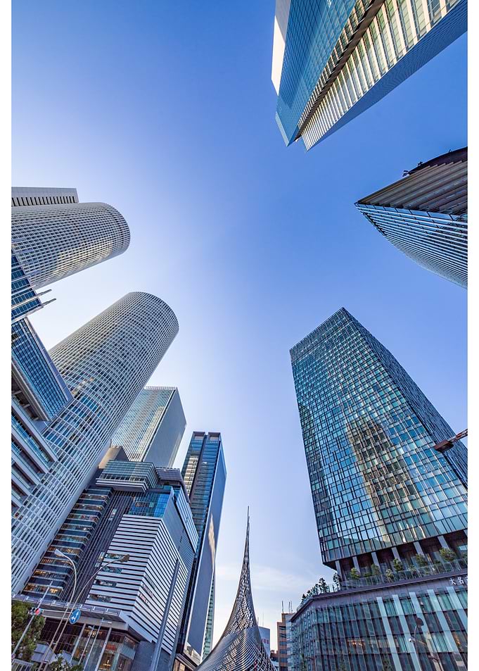 Skyscrapers against a clear blue sky