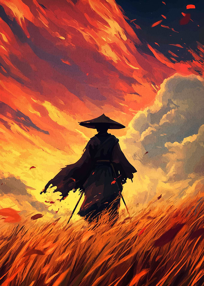 Samurai in Fiery Landscape Digital Art
