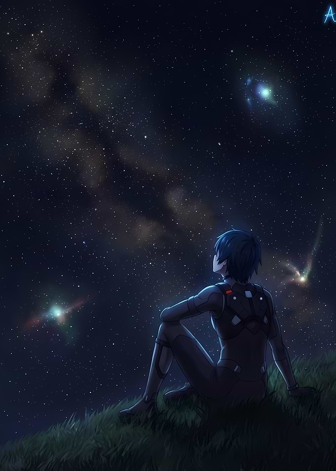 Anime Boy Gazing at Starry Night