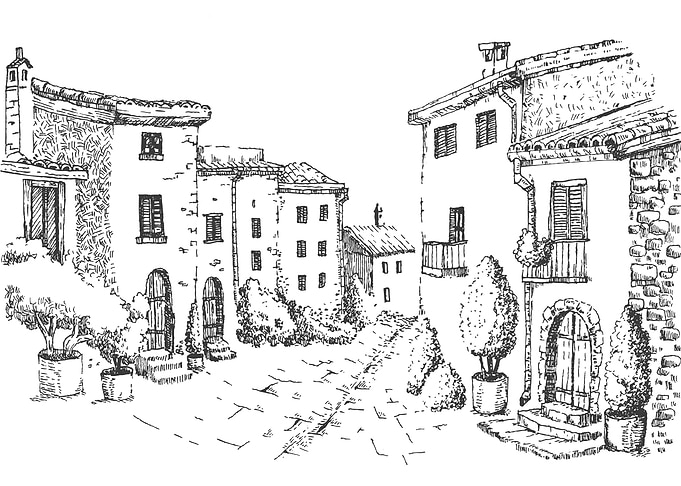 Ink Drawing of a European Village