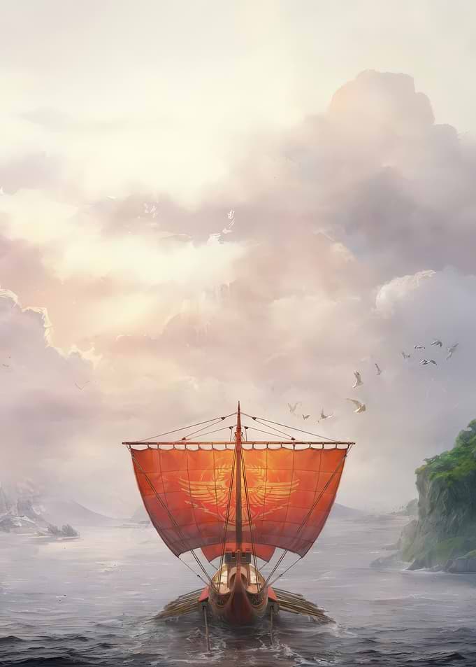 Ancient Roman Ship Sailing on Water
