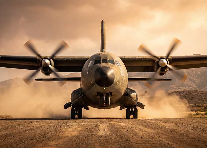 Military Transport Plane on Dusty Runway