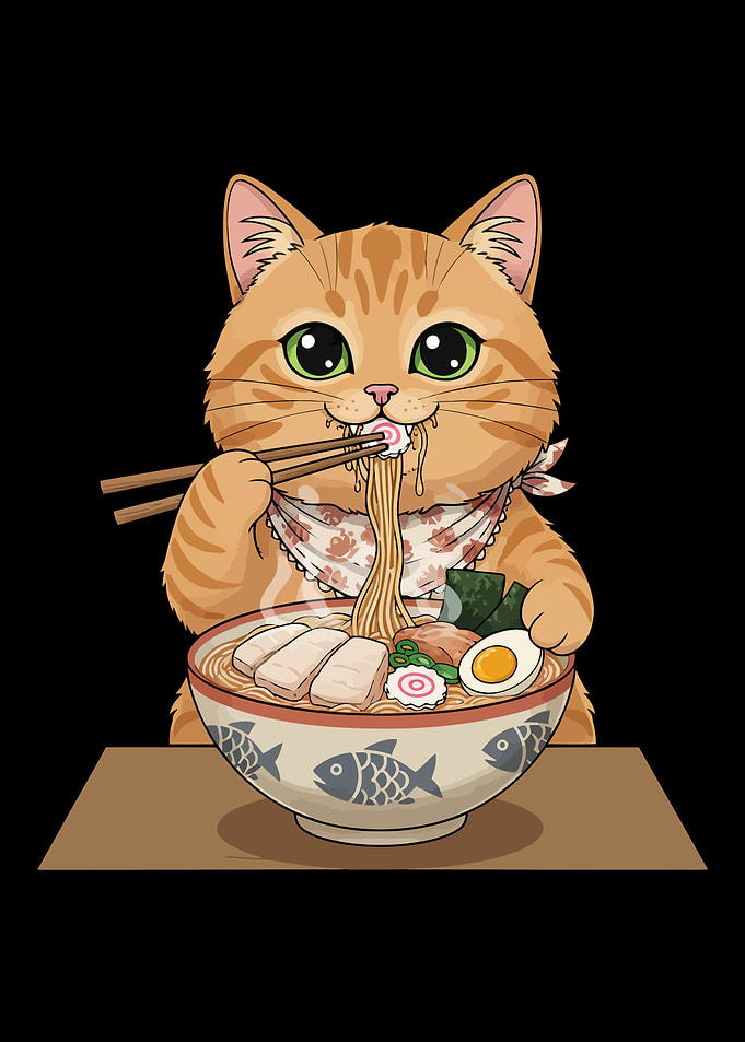 Cat Eating Ramen Noodles Illustration
