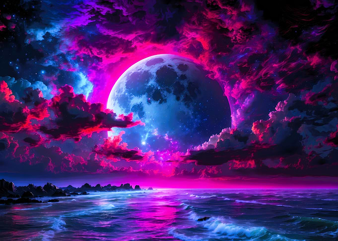 Neon Moonlit Ocean Landscape