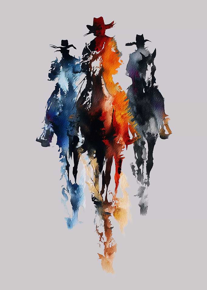 Cowboys on Horseback Watercolor Painting