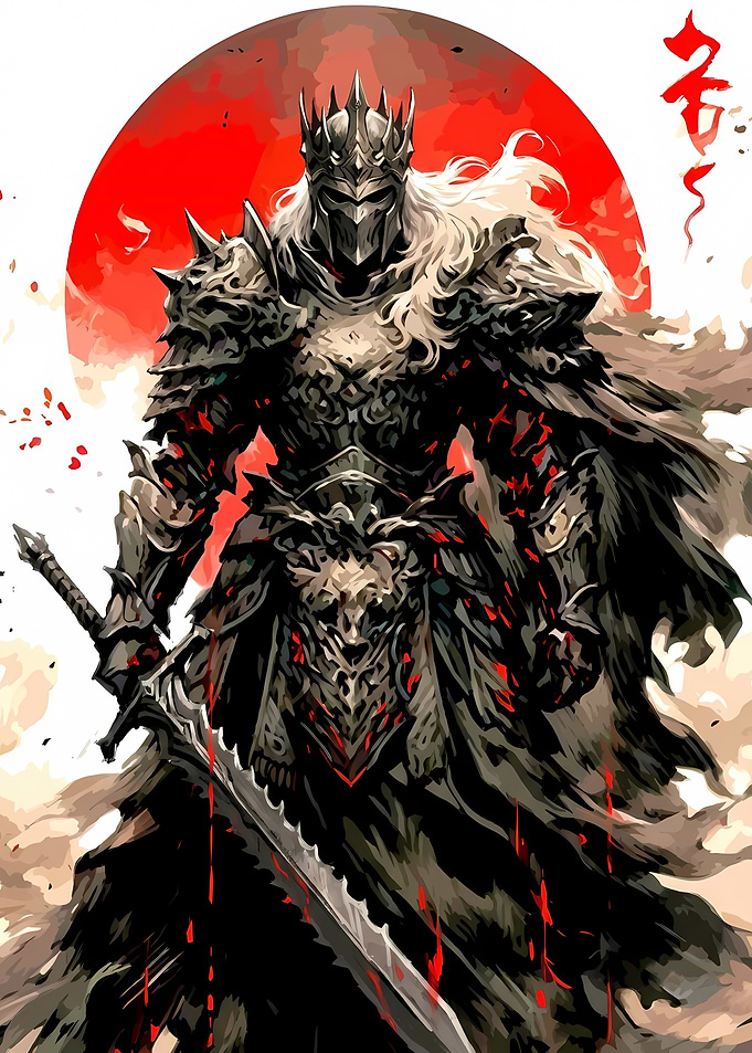 Armored King with Sword and Red Sun