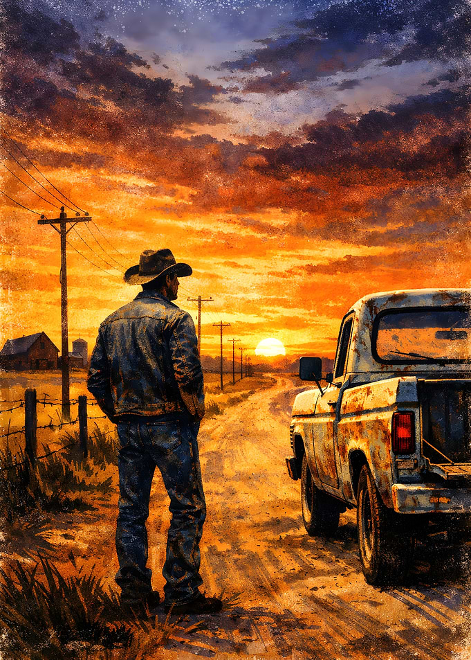American Cowboy and Truck at Sunset