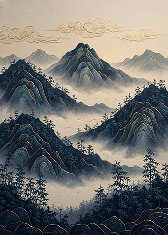 Misty Bamboo Mountains – Nature Asie Gilded Zen Relief Art