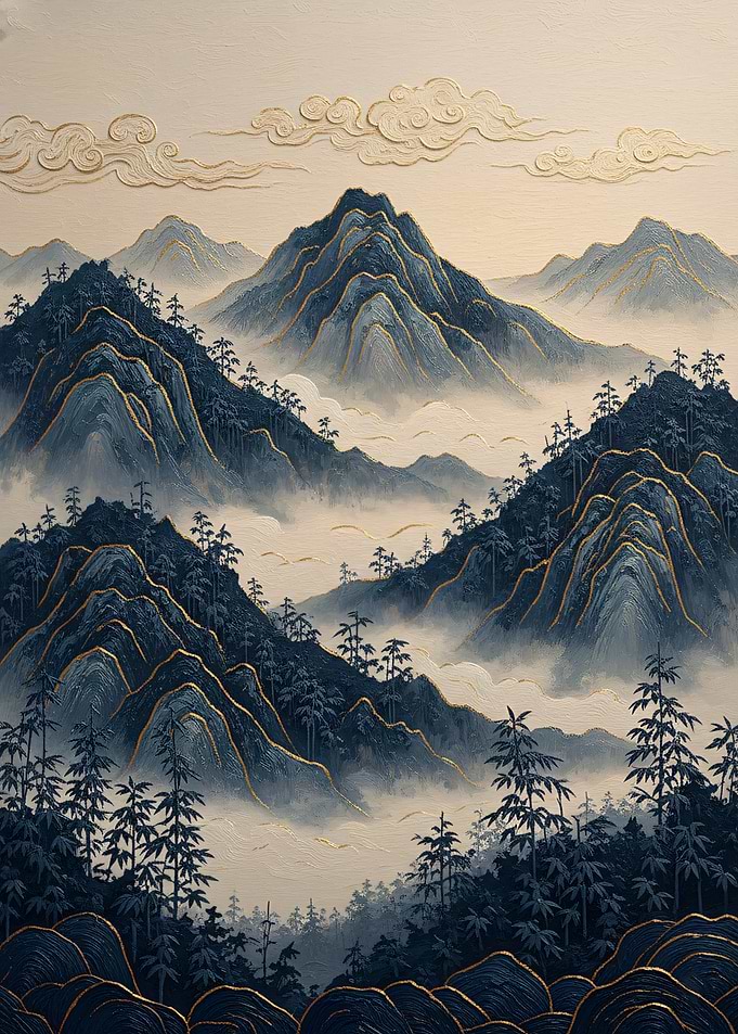 Misty Bamboo Mountains – Nature Asie Gilded Zen Relief Art