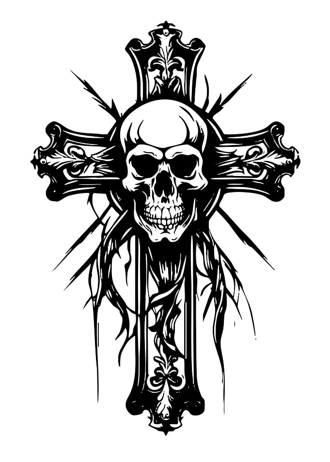 Skull on Ornate Cross Black and White