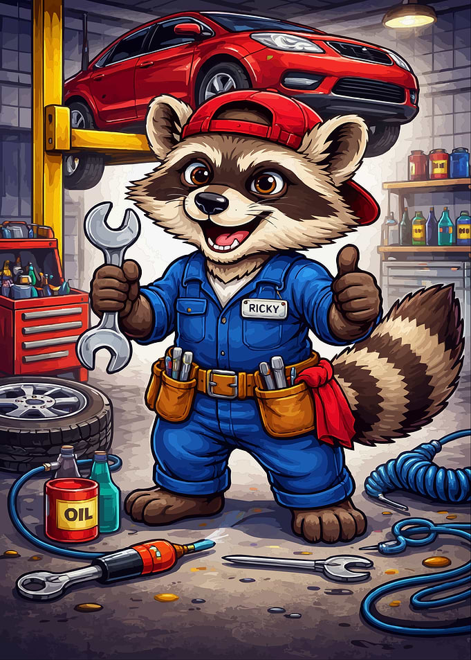 Cartoon Raccoon Mechanic in Garage