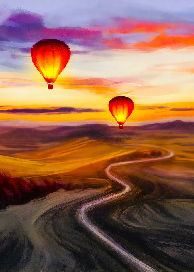 Hot Air Balloons Over Landscape Painting