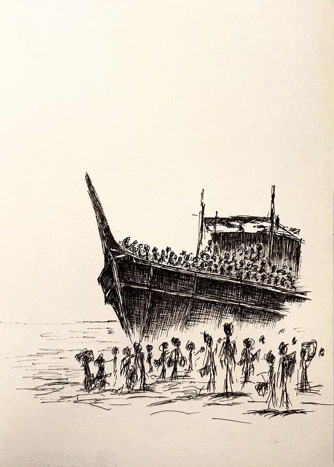 Boat Arrival Ink Sketch