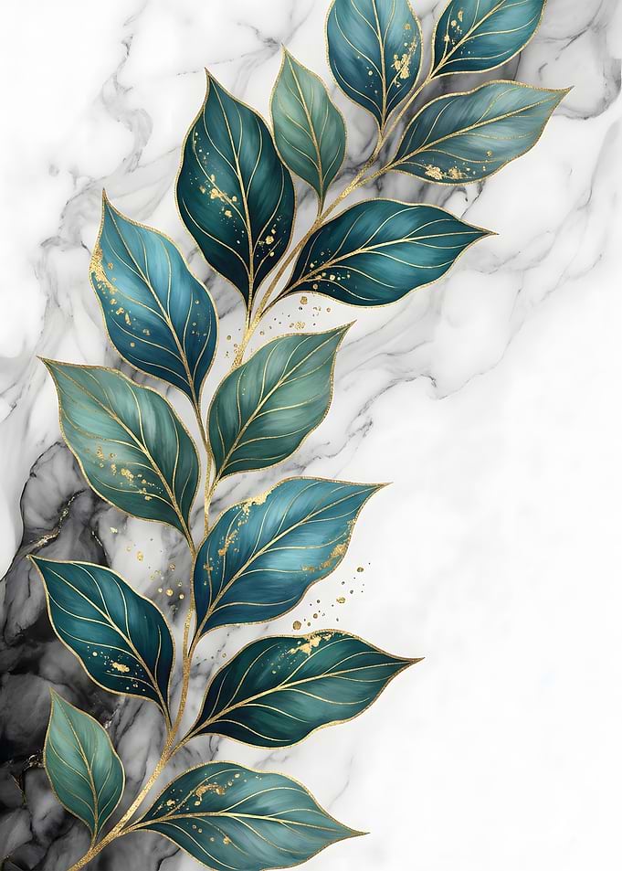 Elegant Teal Leaves on Marble Background
