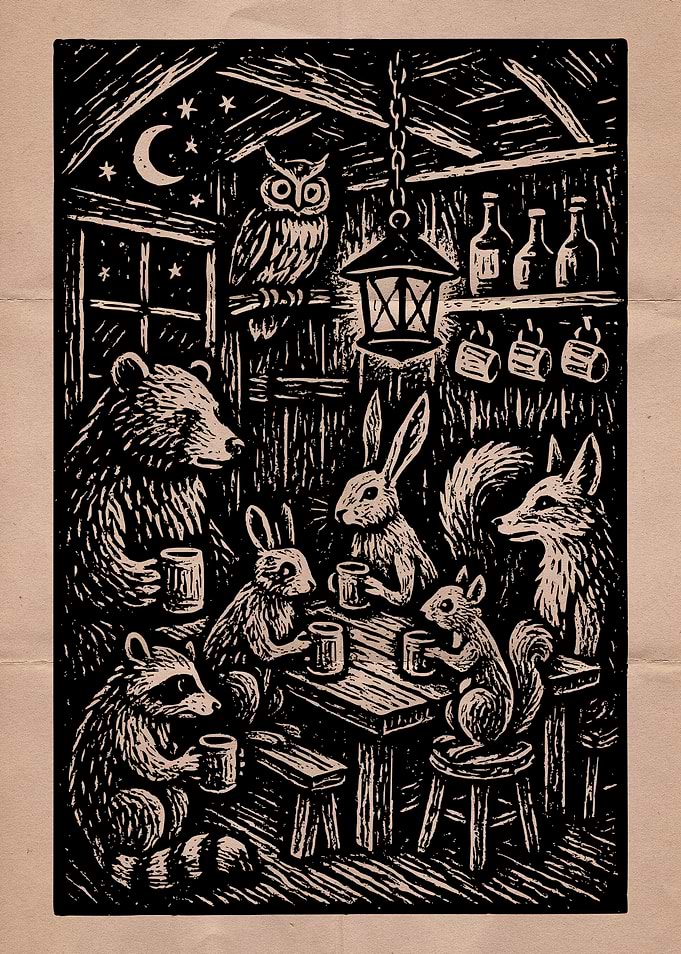 Forest Animals Gathering Vintage Art