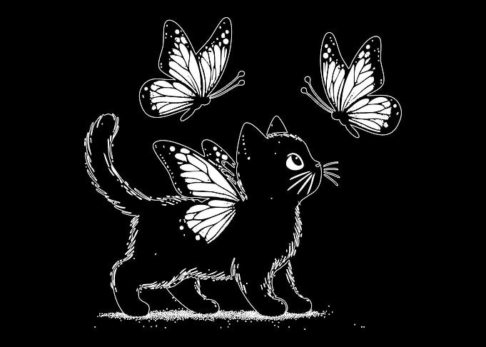 Black Cat with Butterfly Wings Illustration