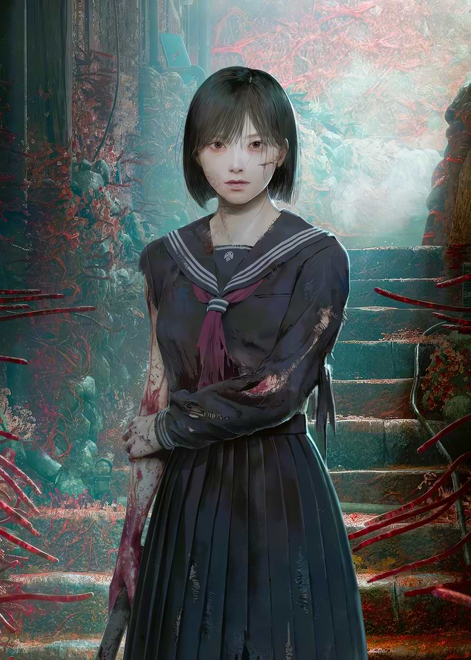 Bloody Schoolgirl in a Dark Setting