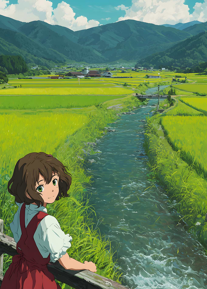 Anime Girl by River in Countryside