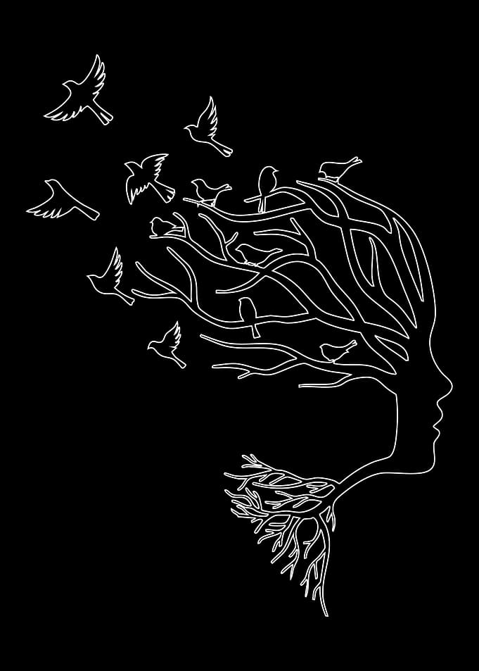 Tree Woman with Birds Silhouette