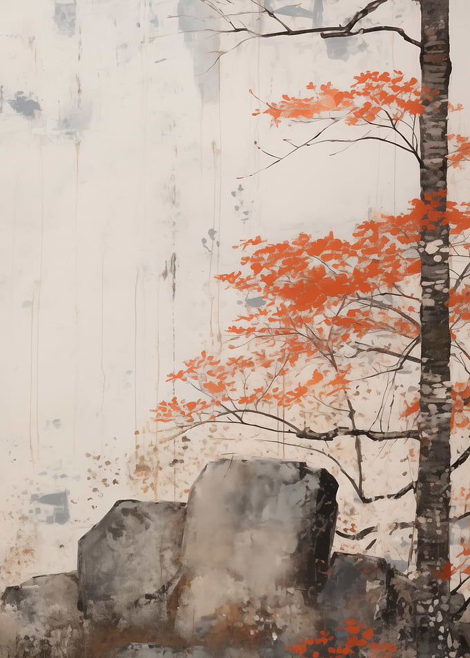 Asian Autumn Tree and Rocks